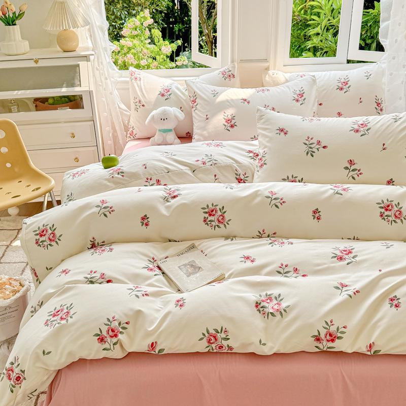 Fresh Literary Style Glutinous Cotton Bedding Set - Four-Piece Set for Dormitory or Home