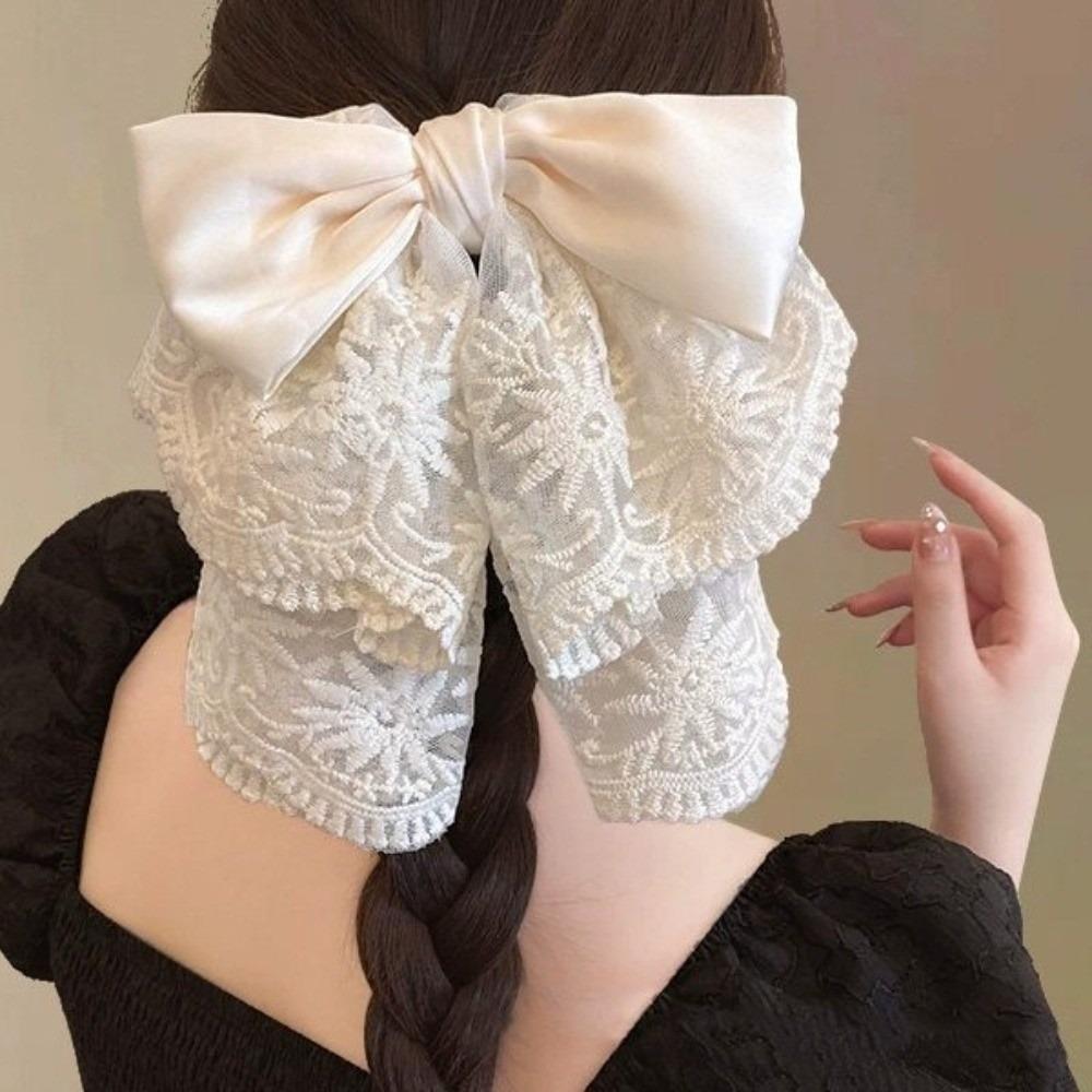 Bowknot French Lace Hair Clip Embroidered Mesh Satin Hair Accessories  Women's Daily