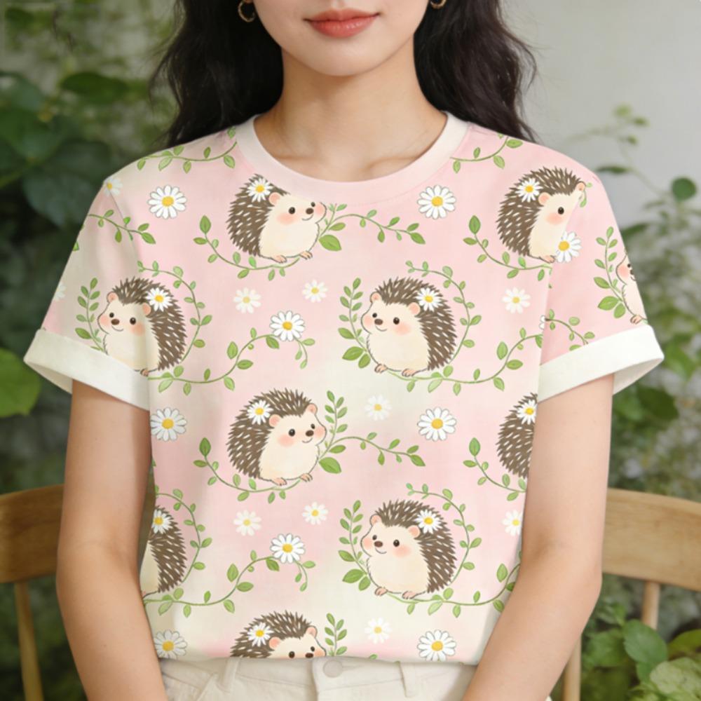 Summer Lady Clothes Crew Neck Short Sleeve Cartoon Hedgehog Graphic T Shirt Women's Outfits Casual Streetwear Soft Tees
