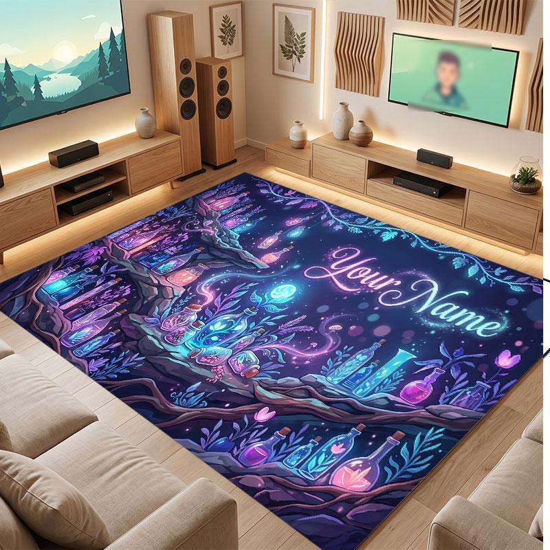 Mushroom Forest Theme Crystal Velvet Floor Rug Personalized Custom Name Text Warm Carpet Home Decoration