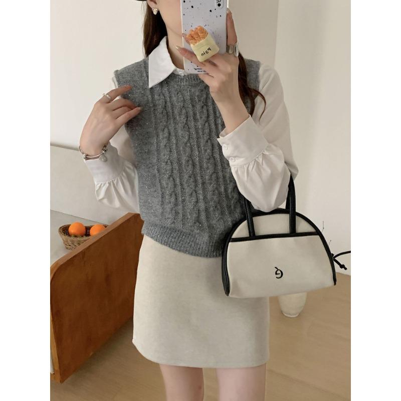 Dámské podzimní a zimní pletené vesty s kulatým límcem s kroucenými flitry