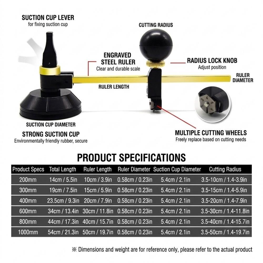 Six Wheel Glass Circle Cutter Adjustable Circular Glass Cutter Suction Cup Cutter  Household
