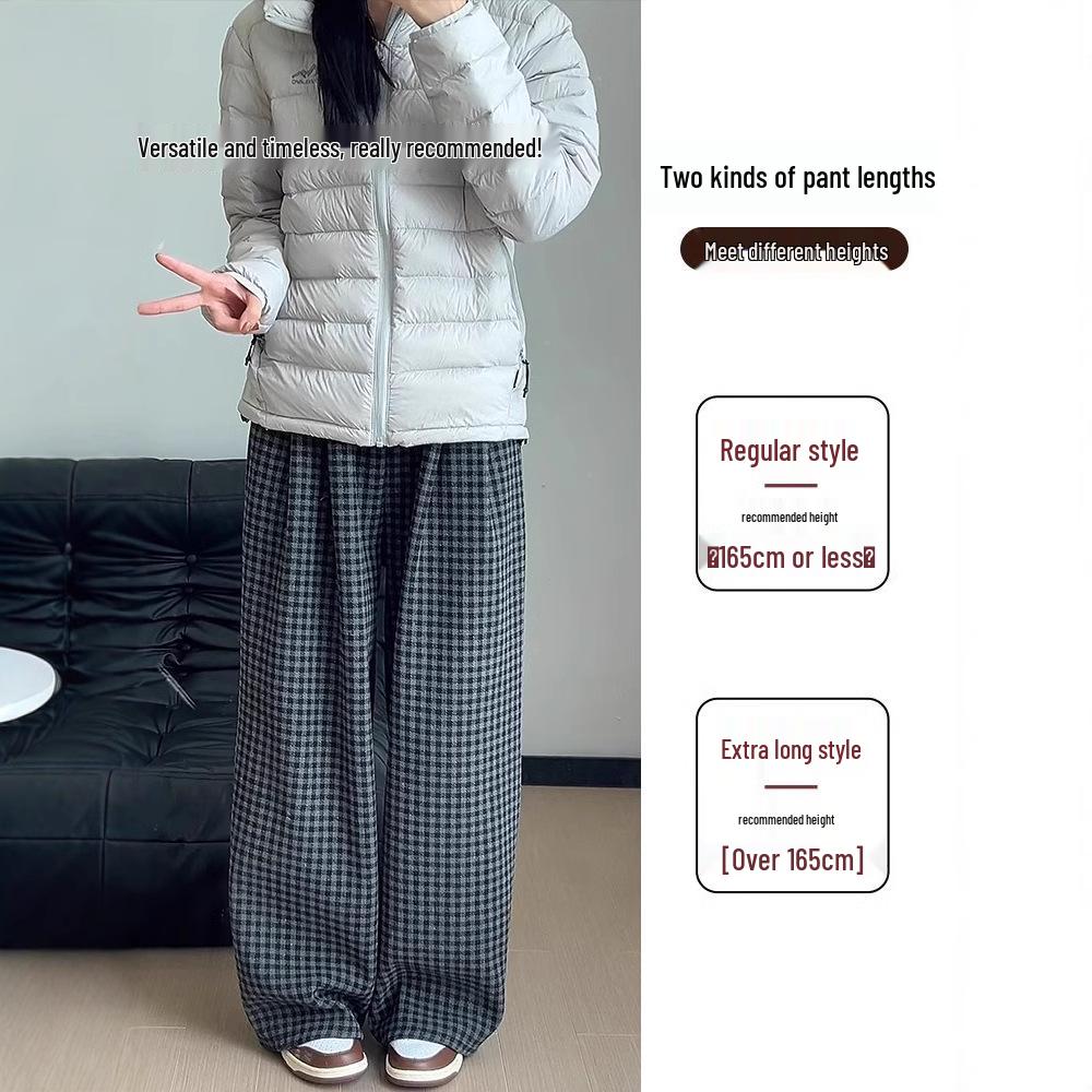 Women's Retro Plaid Wool Fleece-Lined Wide-Leg Pants - Casual Loose Fit for Autumn and Winter