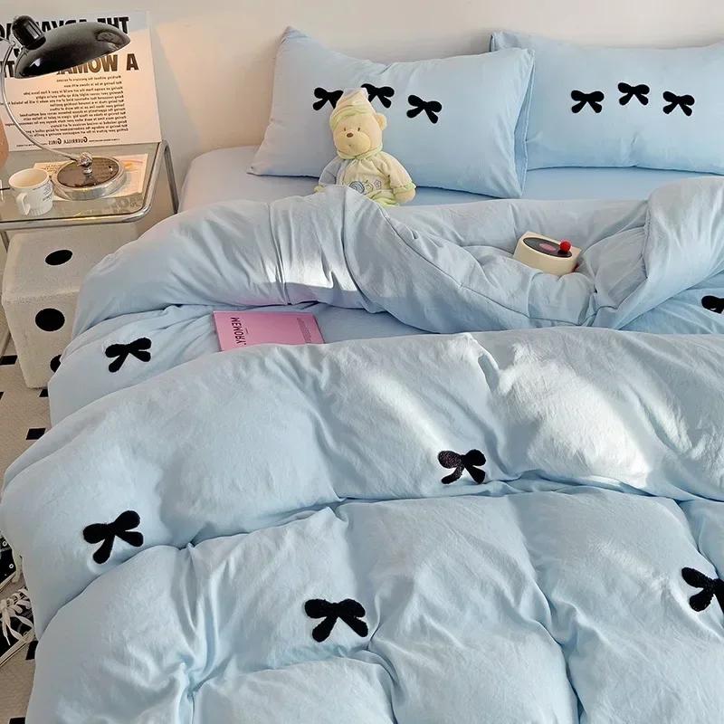 Růžový 3D vyšívaný set přikrývky s mašlí, Bavlněné růžové pohodlné měkké ložní prádlo, Vhodné pro ložní prádlo do pokoje pro dívky, děti a teenagery