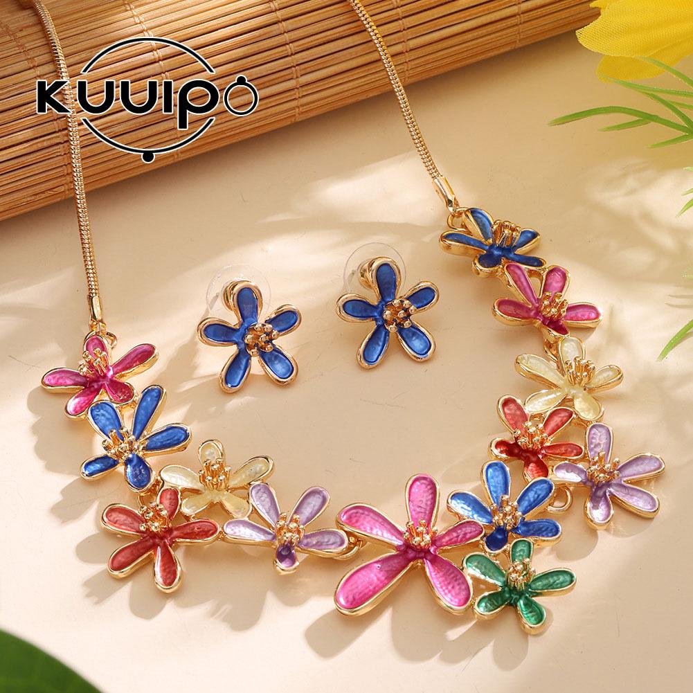 Enamel Set: Zinc Alloy Floral Necklace & Earrings for Women