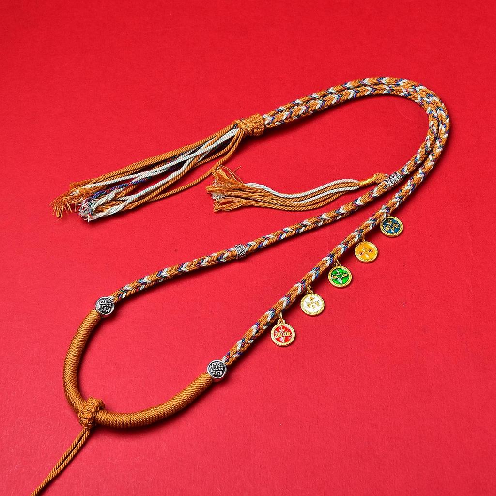 Tibetan Eight-Strand Braided Necklace with Five Gods of Wealth Amulet Pendant