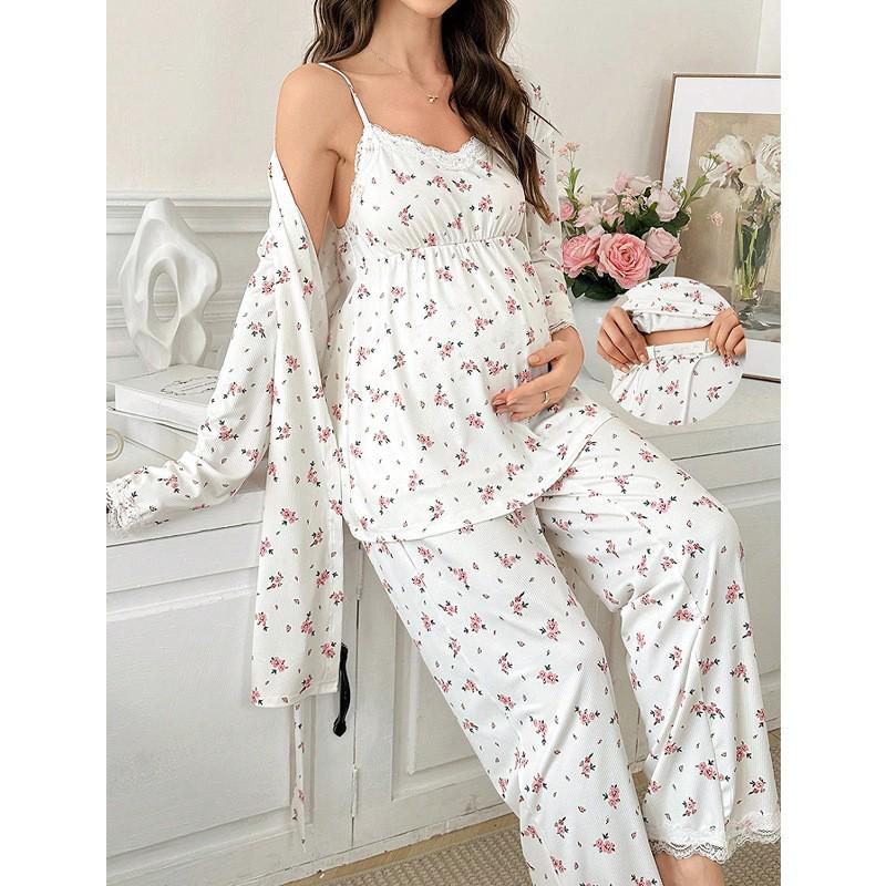 Sweet Floral Maternity Pajamas: European & American Three-Piece Set with Cardigan, Sling Top, and Long Pants for Spring & Autumn