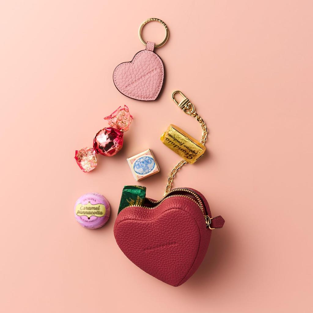 Bonaventura Mini Pouch with Chain, Shrink Leather (Heart) [Red], Coin Purse, European-Grade Genuine Leather, Gift, BCCT7-RD