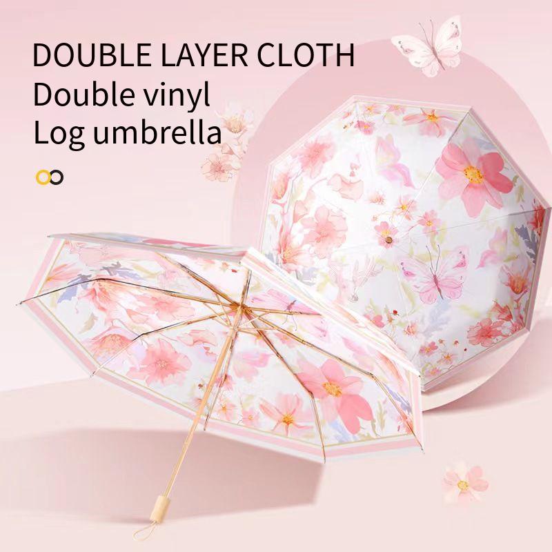3-Folding Compact Umbrella Upf50+ Vinyl Sun Protection 8-Rib Double Layer Portable Parasol For Women Lightweight Travel Umbrella