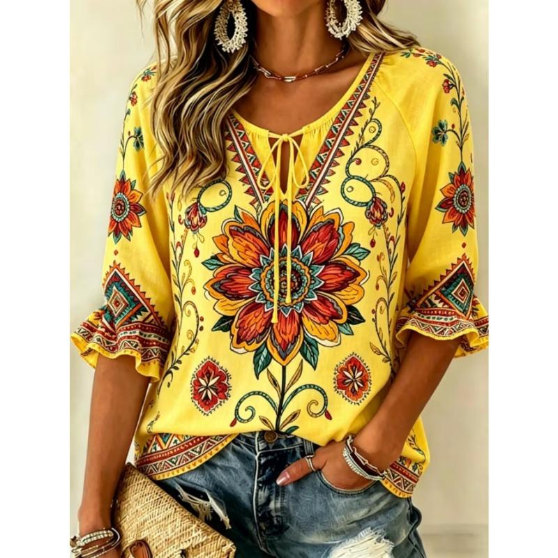 Women's elegant printed lace-up flared top, stylish and versatile, comfortable and skin-friendly
