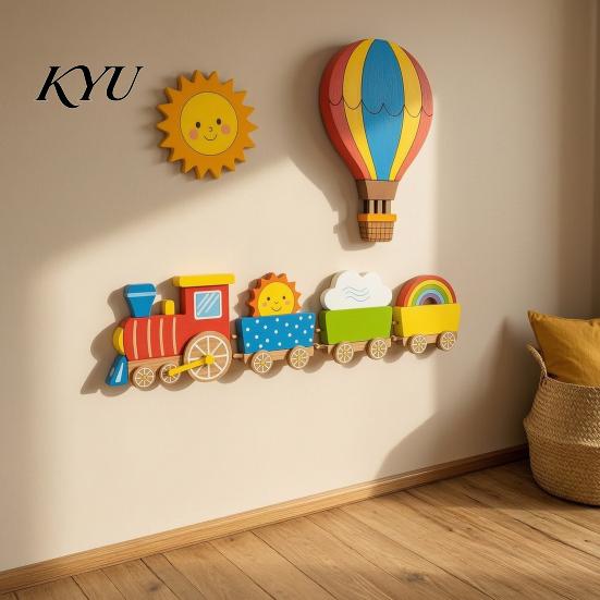 Easy Install Wall Accents 4Pcs Cartoon Train Hot Air Balloon 3D Wooden Decor, Colorful Kids Decorative Wood Shapes Room Hanging, Nursery Educational