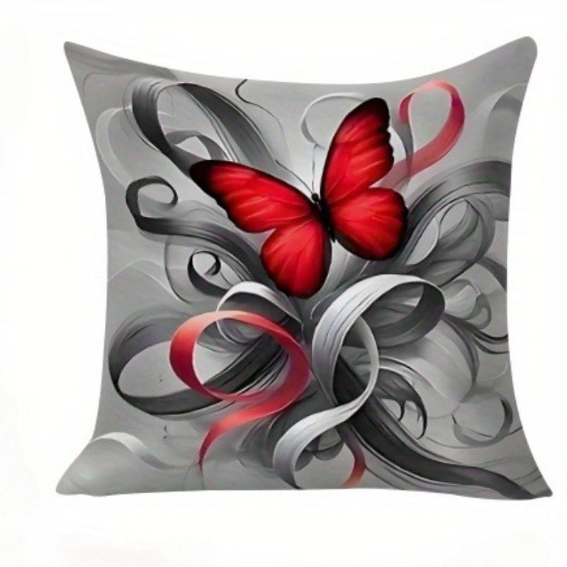 Gray Red Butterfly Floral Pillow Covers Soft Polyester Square Zipper Sofa Outdoor Machine Washable Double Sided Decorative Home