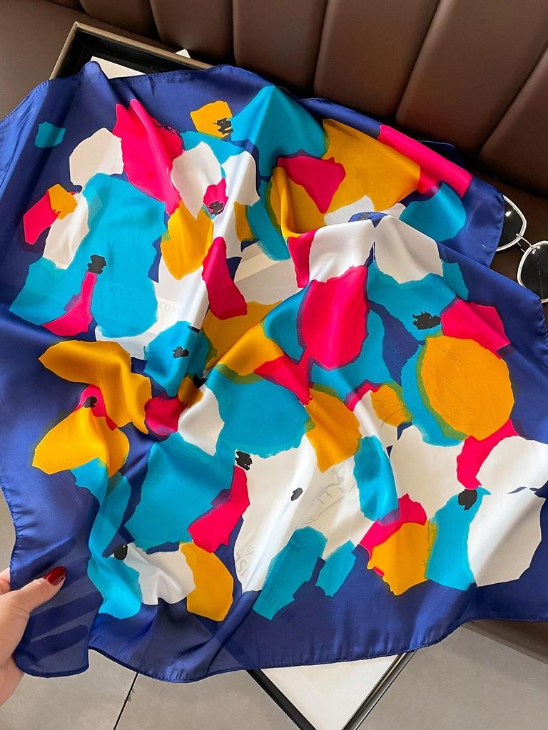 Low-key luxury womens headscarf is a must-have for spring and summer Imitation silk printed square scarf is fashionable 2024