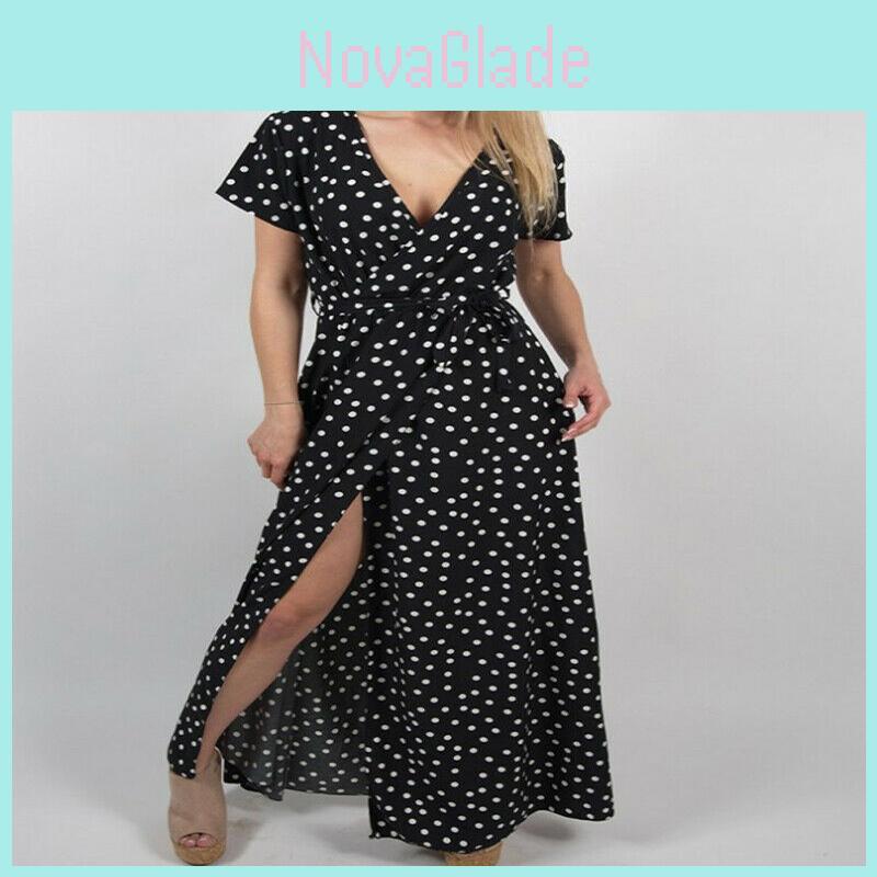 Stylish Womens Holiday Polka Dots Slit Maxi Dress Perfect For Summer Beach Outings