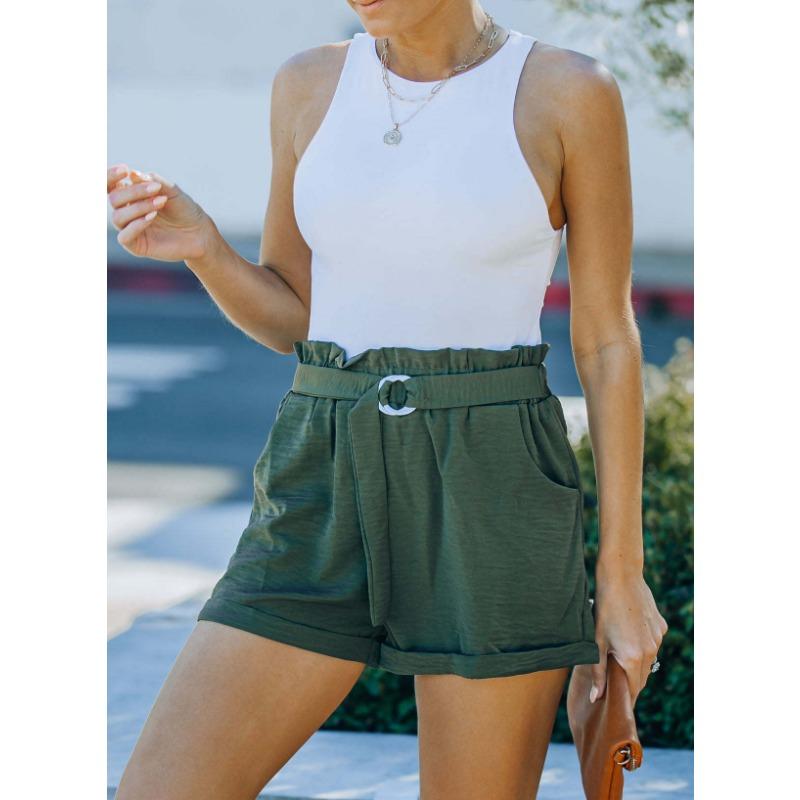 Women Summer Solid Color High Waist Loose Lace Up Pocket Casual Shorts