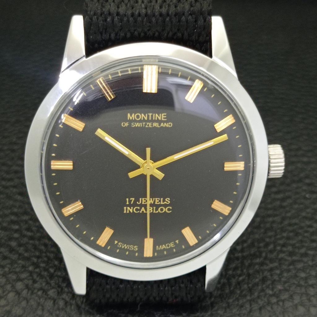 HAND-WINDING VINTAGE MONTINE SWISS MENS REFURBISHED BLACK DIAL WATCH A441077-1