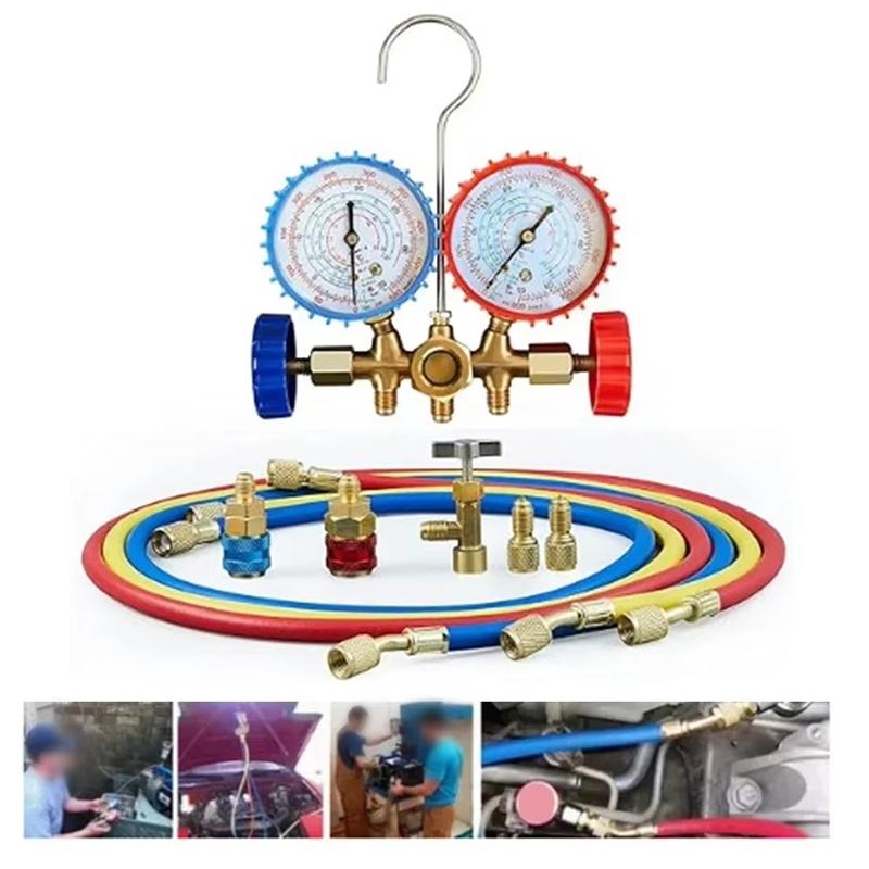R410a 3Way AC Diagnostic Manifold Gauge Complete Set For R134A R410A R22 With Hose Adapters Quick Couplers And Can Tap