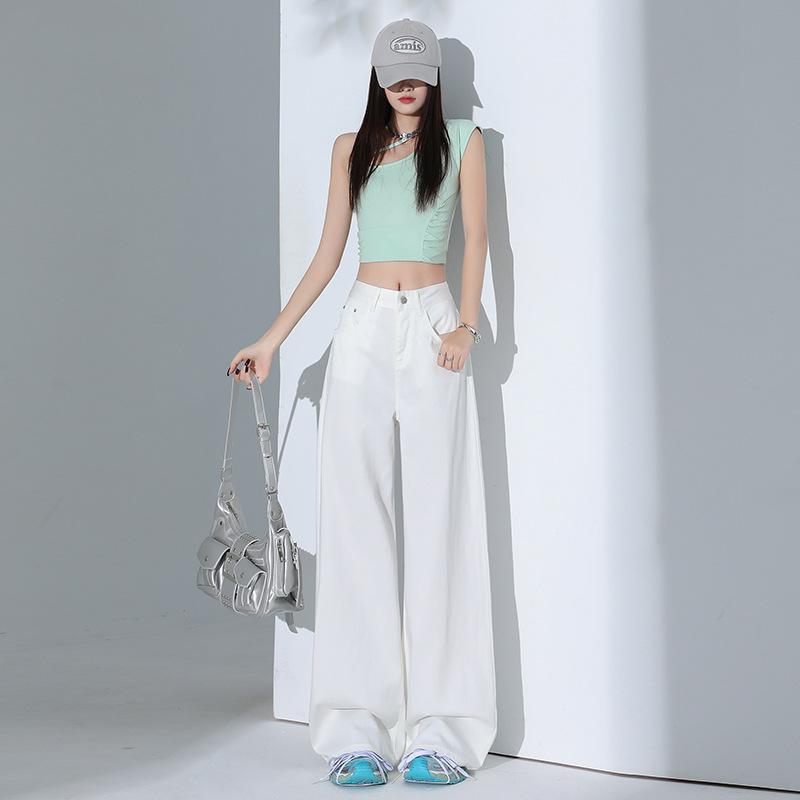Women's White Tencel Wide-Leg Jeans - Summer 2025, High-Waisted, Loose, Floor-Length, Slimming.