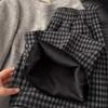 Women's High-Waisted Black Plaid Woolen Wide-Leg Pants - Fleece-Lined, Retro-Casual for Autumn/Winter