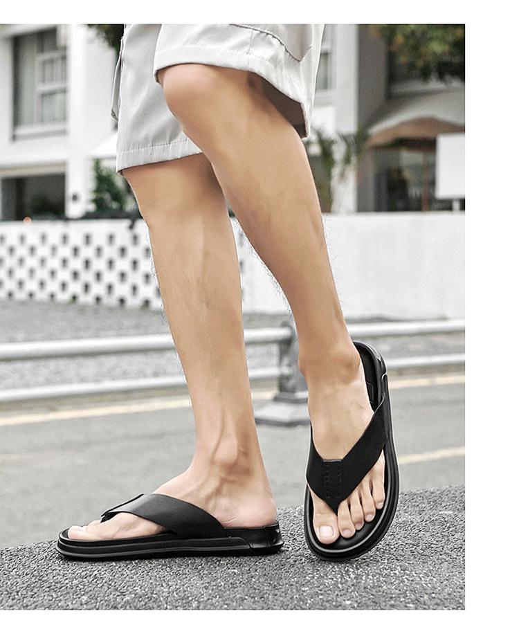Men's Genuine Leather Summer Flip-Flops, Toe Post Beach Shoes, Lightweight & Breathable Slippers