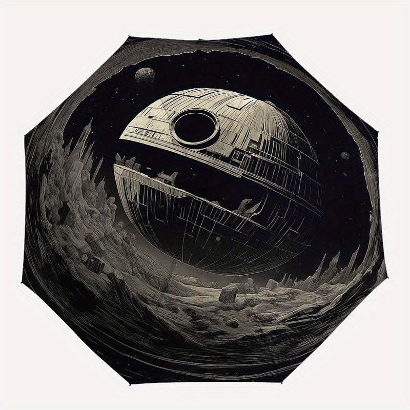 Galactic Empire: Death Star Floating Over Lunar Landscape Wall Art Umbrella, Cute Umbrella with Cute Design, Portable 3-Fold Compact Umbrella for Men