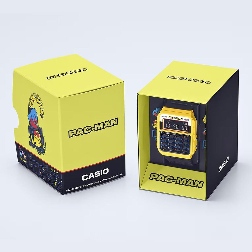 Casio Digital Watch with Collaboration Model Biomass Resin Yellow X Overseas Model 8-Digit Calculator, PAC-MAN CA-53WPC-1B, Band, Unisex, Black,