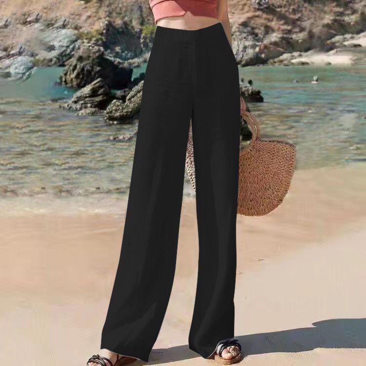 

Летние женские брюки из хлопка и льна с широкой талией, свободные повседневные длинные брюки из льна со шнурком S чёрный