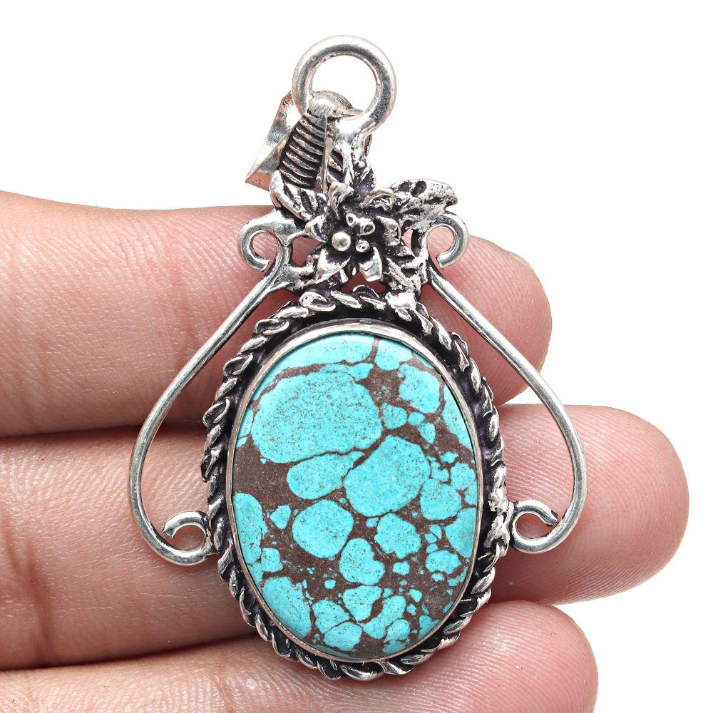 Necklace Tibetan Turquoise Gemstone Gift For Her Silver Jewelry 2.25"