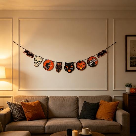 Vintage Halloween Garland Decorations Spooky Wooden Pumpkin Skull Owl Witch Bat Hanging Bunting Banner for Party Home Wall Decor