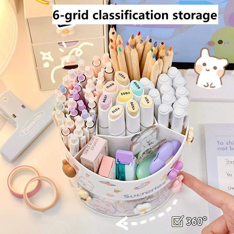 Kawaii Stationery Storage Box Cute Rotating Pen Holder Desktop Drawer Stationery Case School Office Pen Holder Desk Organizer