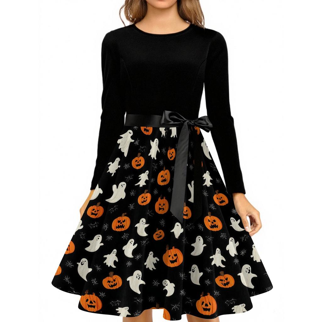 Women's Vintage Halloween Print Round Neck Casual Dress for Everyday Wear