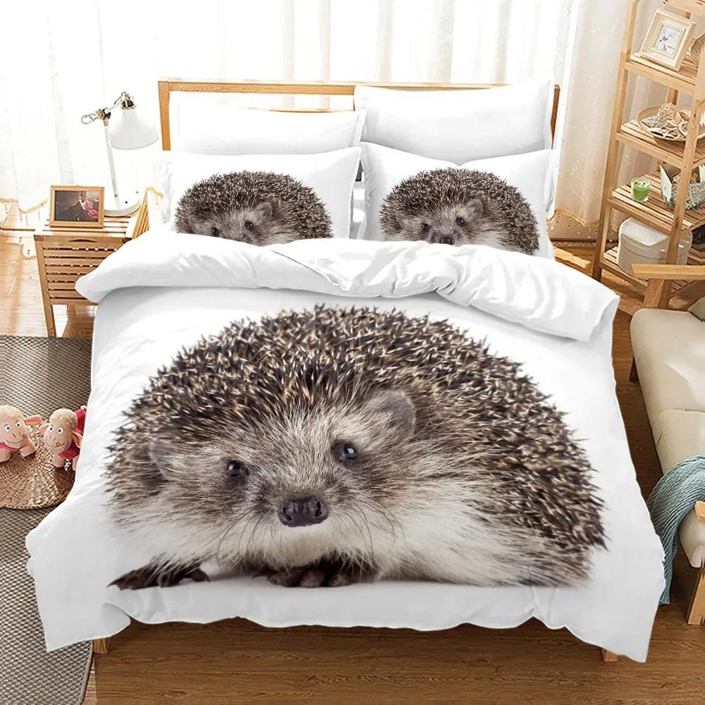 Hedgehog Duvet Cover KingQueen Size,Cute Brown Hedgehog Pattern Print Quilt Cover for Kids Girls Boy,animal Theme Bedding