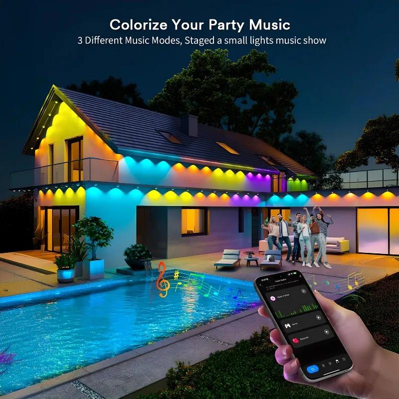 300FT Permanent Outdoor Light String APP Smart RGBIC Eaves LED Lights DIY Scene Modes Christmas Party Lighting Decoration