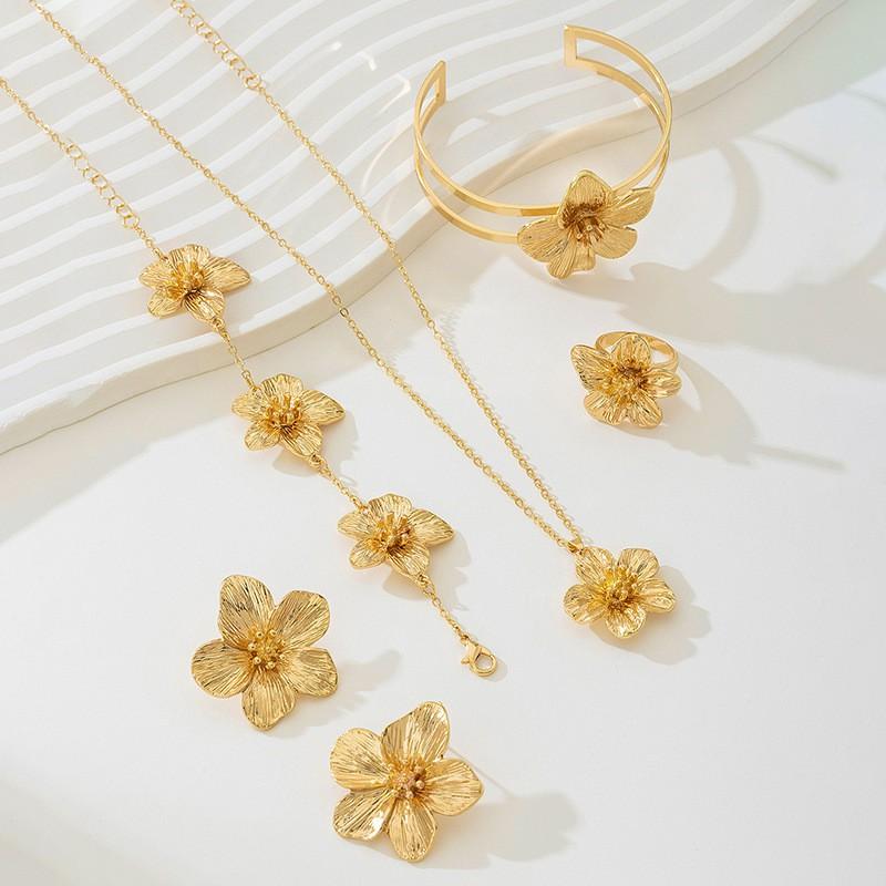 Floral Alloy Jewelry Set Women - Adjustable Open Cuff Bracelet Stud Earrings Arm Ring Fashion OL Style 2025