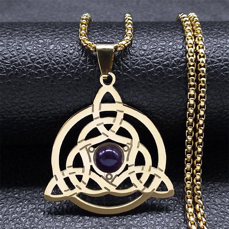 Celtic Trinity Knot Triquetra Necklace for Women Men Silver Color Stainless Steel Stone Witch Necklaces Jewelry Collar N8064S02