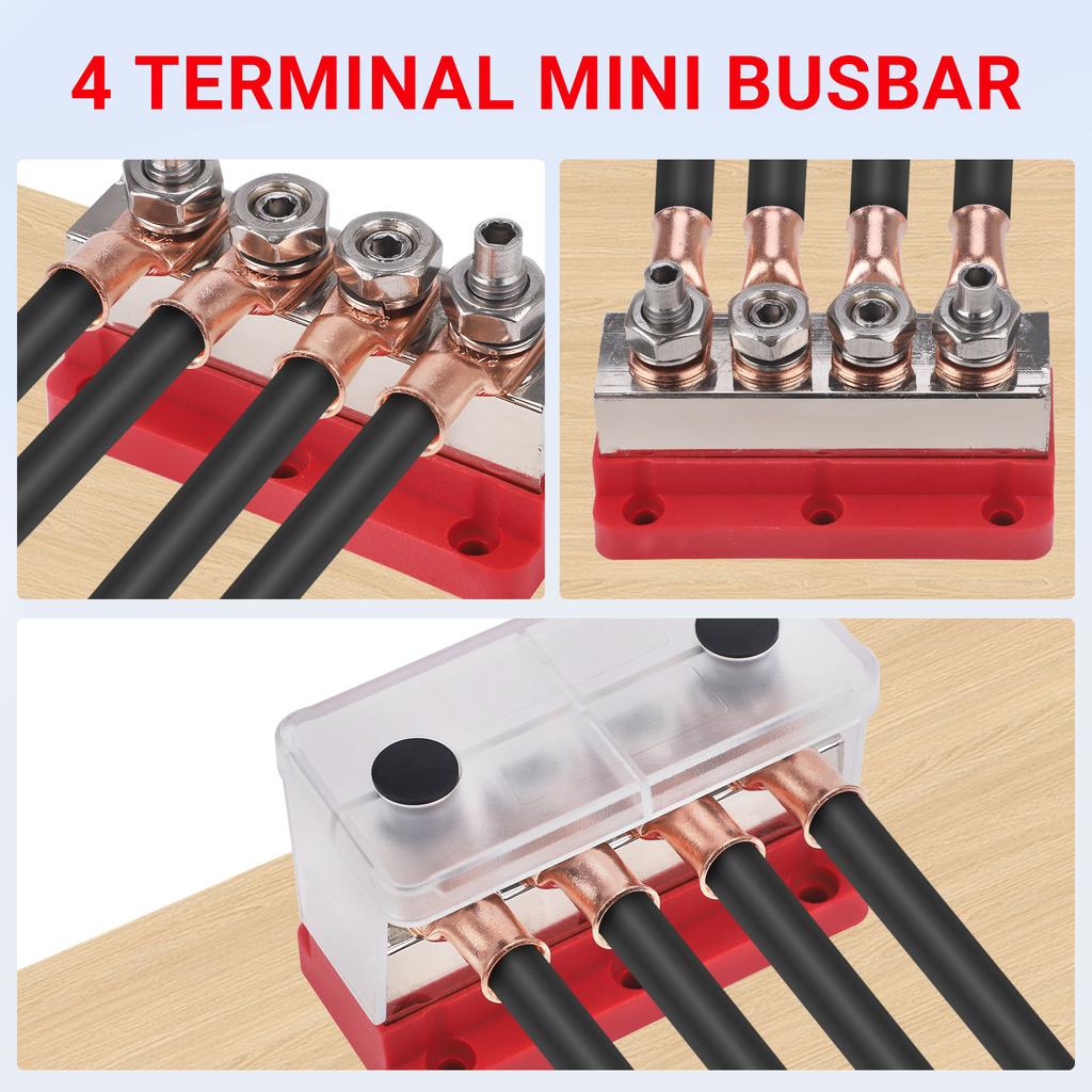 Battery Bus Bar 600A 48V Nickel Plated Copper 4X M10 Studs Heavy Duty Distribution Block For Truck RV Marine Ground Red Black
