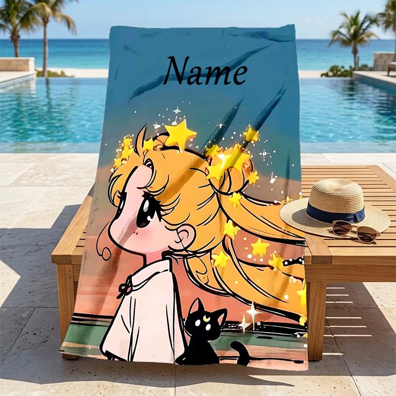 Personalized Name Moonlit Guardian Stylish Digital Printing Beach Towel Quick‑Drying Absorbent Blanket for Beach Pool Gym Travel