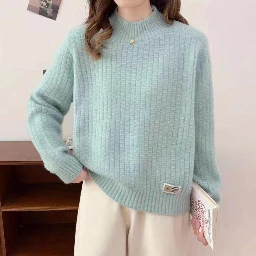 Women's Semi High Neck Sweater Thick and Loose Top Autumn and Winter Base Sweater