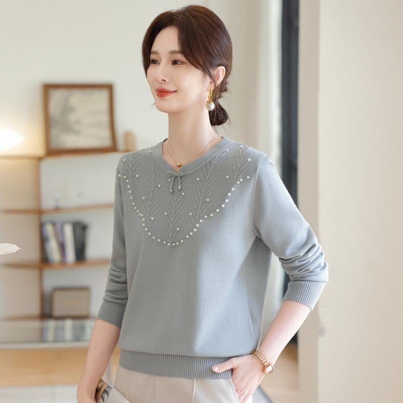 Spring and Autumn New Mom Fashion Knitted Sweater Medium and Old Women's Crew Neck Diamond Sweater Bottom Shirt