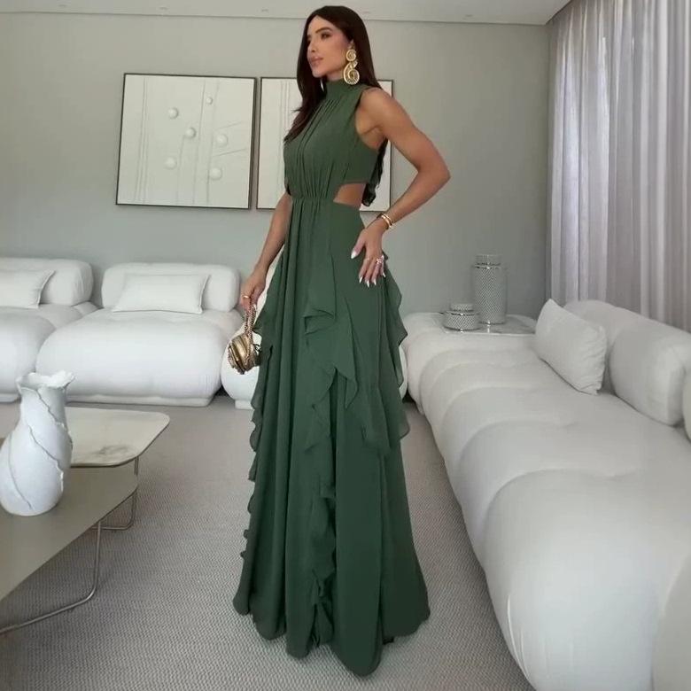 Europäische und amerikanische Damenbekleidung Frühling und Sommer neues Kleid mit Stehkragen, tailliert, ärmellos, Rüschen-Blattrand, rückenfreies Kleid