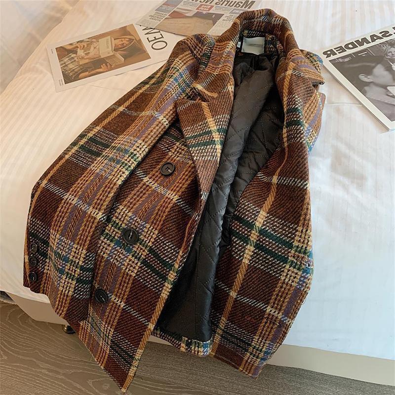 Womens Plaid Wool-Blend Blazer Coat Winter