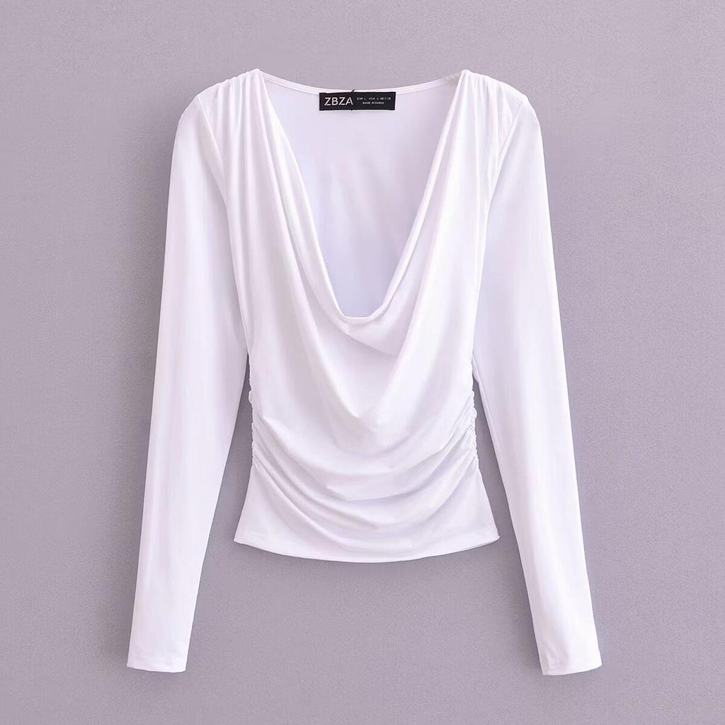 Autumn 2024 Women's European & American Style Versatile Pleated Long-Sleeve Drape Top