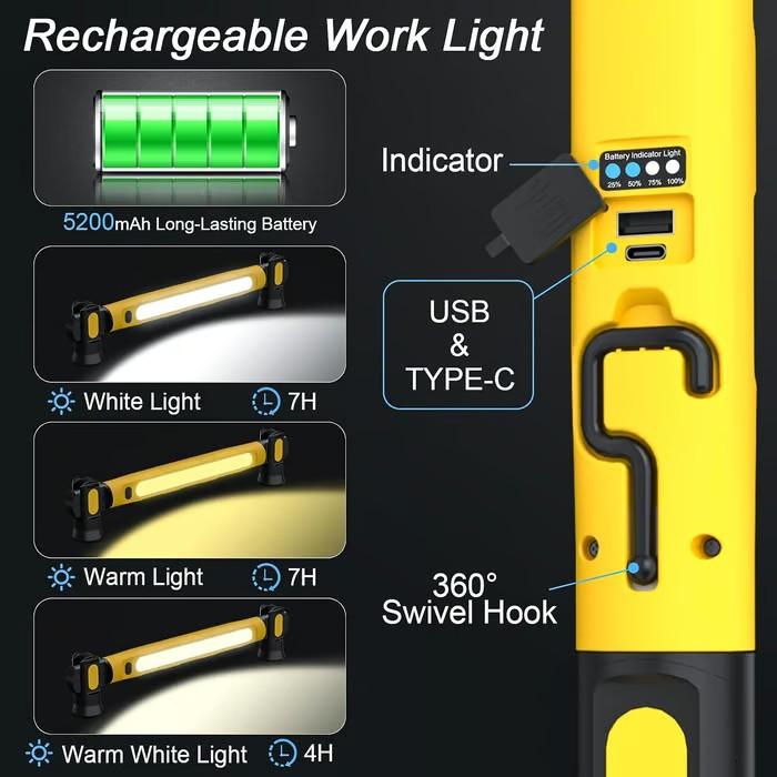 Multi Functional Magnetic Outdoor White/yellow/warm Light,Strip Hook 3Color Auto Repair Light Adjustable USB Work Light