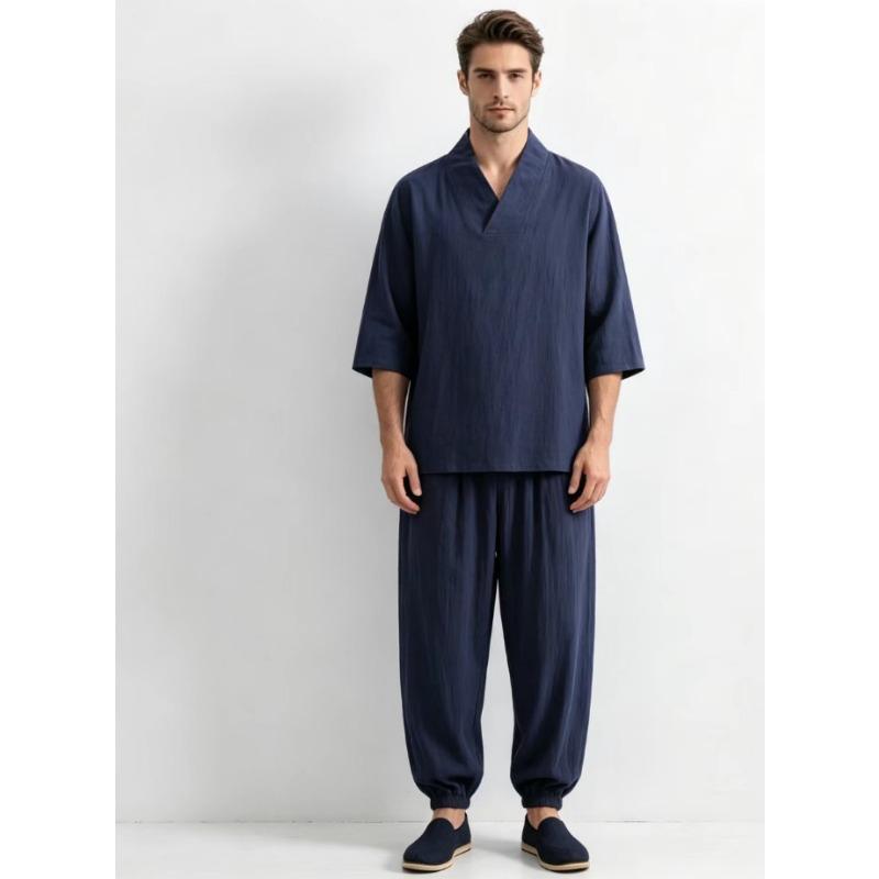 Mens White Cotton Linen V Neck 2 Piece Outfit Set