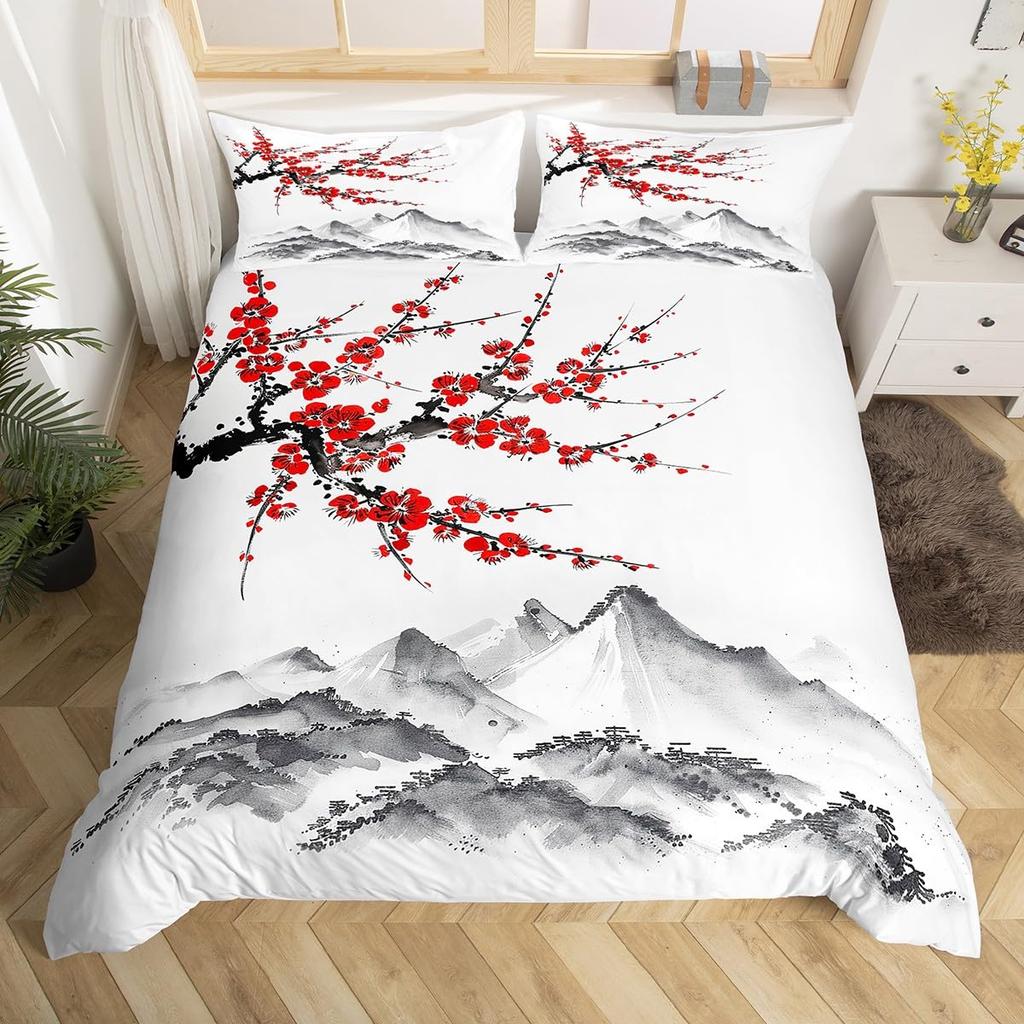 Japanese-Style Bedding Set for Kids Boys Girls Mount Fuji Comforter Cover Cherry Blossoms Duvet Cover Queen Size for Teens Adult