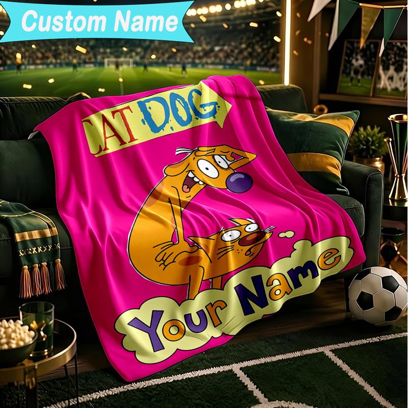 1PC Custom Name Blanket Cat Dog Adventure Flannel Blankets Patterns Throw Blanket All-Season Soft Gift for Couch, Bed, Camping, Birthday Gifts