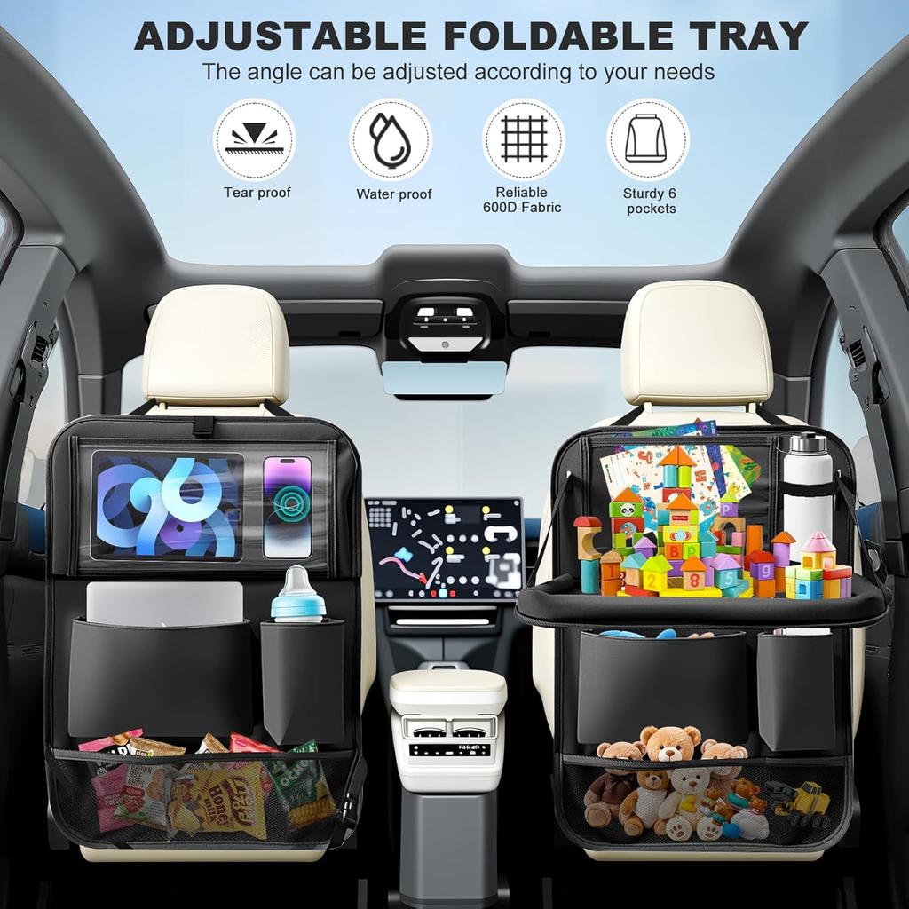 Backseat Organizer with Foldable Tray – Tablet Holder & Heavy-Duty Kick Mat, Mess-Free Storage For Travel & Road Trips