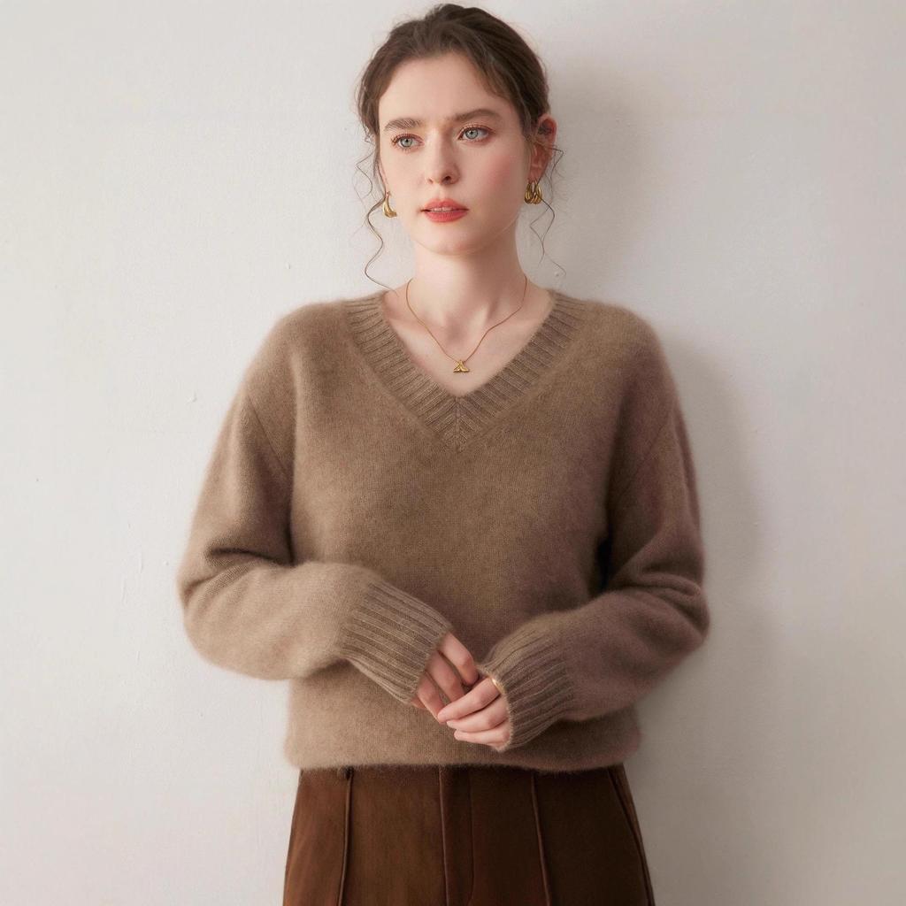 Women's Heavyweight Cashmere V-Neck Sweater - Autumn/Winter Loose Fit Pullover