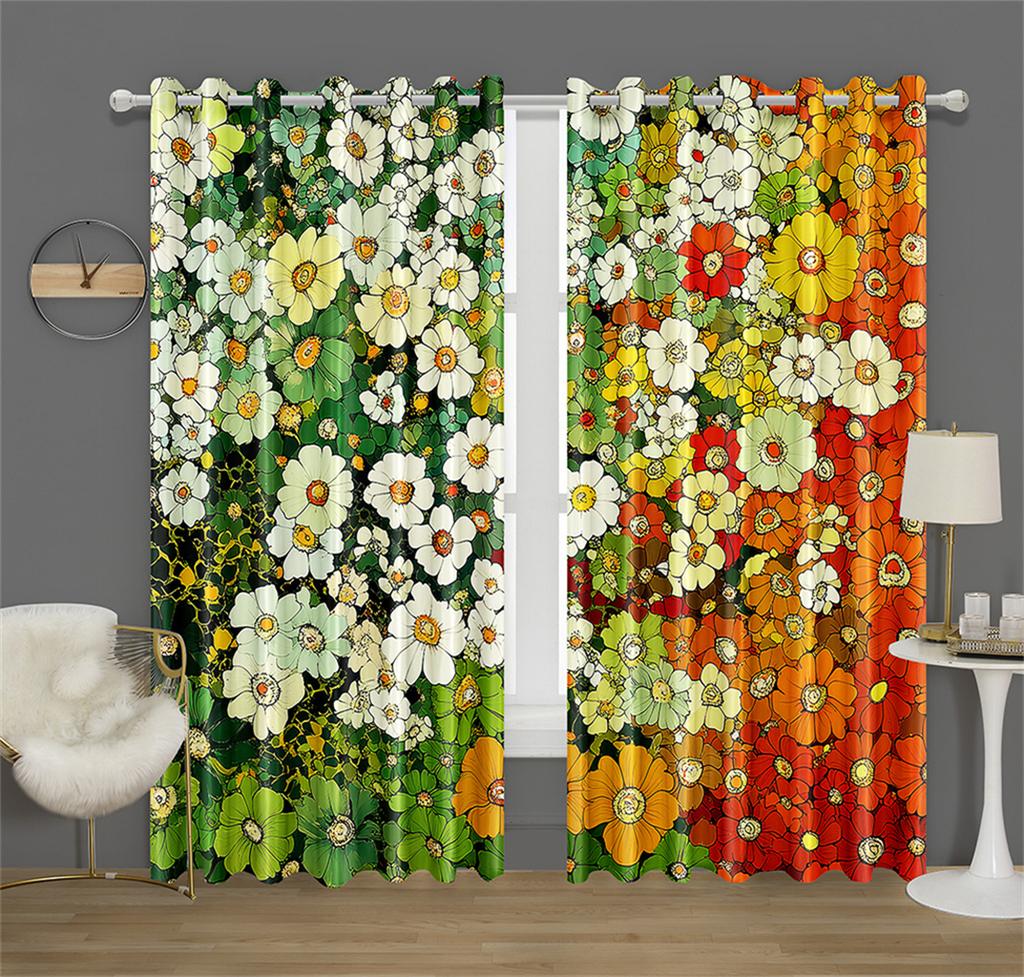 Colorful Rich Flowers Pattern Curtains Green and Peach Flowers Kitchen Decor Curtains Bedroom Living Room Window Decor 2 Panels