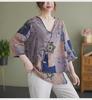 2022 Summer V-Neck Asymmetrical Cotton Linen Shirt - Printed, Plus Size, Mid-Length Sleeves, Retro Women's Fashion